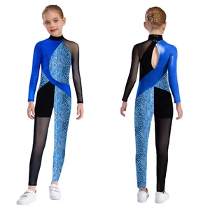 Kids Girls Bodysuit Mesh Unitard Keyhole Back Jumpsuit Metallic Leotard Ballet - Picture 1 of 27