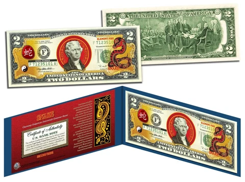 Chinese Zodiac YEAR OF THE SNAKE Colorized $2 Bill US Legal Tender Lucky Money Cover