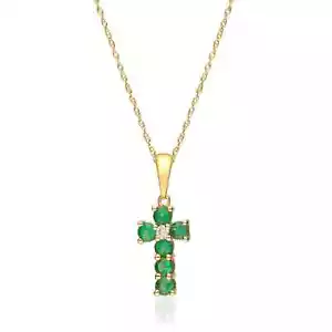 Ohne Kette 0.60 Karat Natürlicher Smaragd und Diamant 10k Gelbgold Kreuzanhänger - Bild 1 von 4