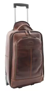 Wheeled Cabin Size Suitcase Real Brown Leather Luggage Travel Bag Trolley NEW - Picture 1 of 9