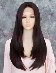 Peluca de mezcla de cabello humano marrón oscuro largas capas rectas a prueba de calor de encaje frontal EVEH 4 - Imagen 1 de 8
