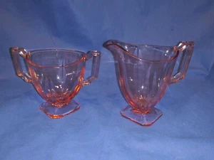 Pink Depression Glass Footed Creamer & Sugar Squared Handles - Picture 1 of 4