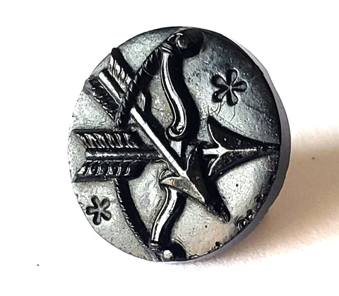 Antique Black Glass Button-Bow and Arrows-1800's-9/16" Cover