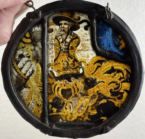 Antique 16th Century Renaissance Man Heraldic Coat Of Arms Stained Glass Panel Cover
