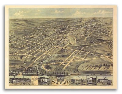 Akron Ohio 1870 Historic Panoramic Town Map - 18x24