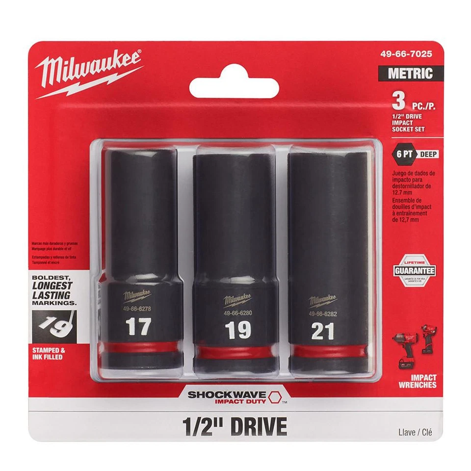 Milwaukee 49-66-7025 Shockwave Impact 1/2" Drive Metric Deep 6pt Sockets 3pc