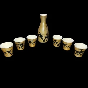 Japanese OMC Hand Painted Sake Carafe & 6 Cups Set Mid Century Art Pottery - Picture 1 of 3