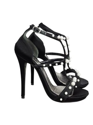 Alexander McQueen Black Satin Pearl Studded Strappy Heels Sandals 36 | 6M - Изображение 1 из 4