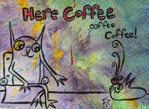 Original Cat Painting Collectible Modern Coffee Folk Art By Samantha McLean - Picture 1 of 2