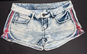 Vanilla Star Y2K Micro Mini Shorts Denim Pockets Grunge British Flag Sz 3 - Picture 1 of 6
