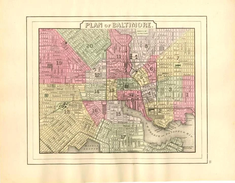 Mapa Maryland de Baltimore, Maryland - Plano de Baltimore - 1894 colorido à mão - Imagem 1 de 1