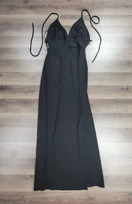 Luly K Halter 连衣裙中号黑色女式 Maxi 复古 Y2K 性感绑带长款全新带标签 — 第 1/4 张图片
