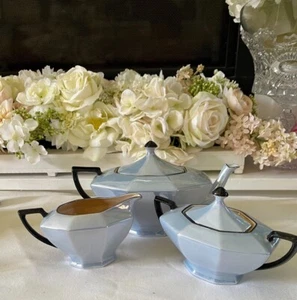 VICTORIA CZECHOSLOVAKIA CHINA BLUE 3-PIECE SET: Teapot, Sugar Canister, Creamer - Picture 1 of 3