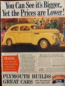 1938 vintage Plymouth print ad. Yellow vehicle. Pre world war II - Picture 1 of 1
