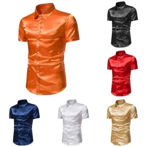 Elegante camicia abito di lusso da uomo in seta lucida come raso manica corta - Foto 1 di 27