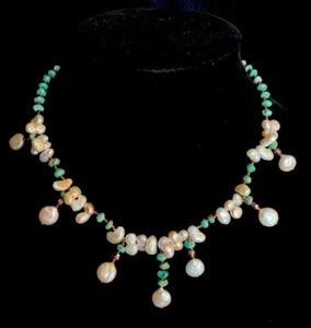 Handmade Vintage Turquoise Natural Pearl Bead Sterling Silver 925 Necklace - Picture 1 of 8