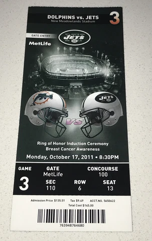 10/17/11 NFL Miami Dolphins New York Jets Ticket Stub Revis 100 YARD Pick 6 TD Cover