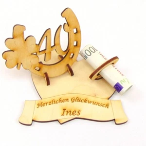 Geldgeschenk Geburtstags Zahl 40, Hufeisen mit Kleeblatt mit Namensgravur, Holz - Bild 1 von 2