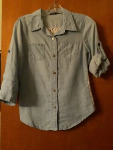 Poetry Body Central JUNIORS SZ SMALL DENIM COLOR COTTON BLEND LACE BACK TOP - Picture 1 of 7