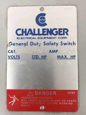 Challenger GD324NFC 200 AMP 240 VAC 3 POLOS NEMA 1 NO FUSIBLE SERVICIO GENERAL Foto 1 de 4