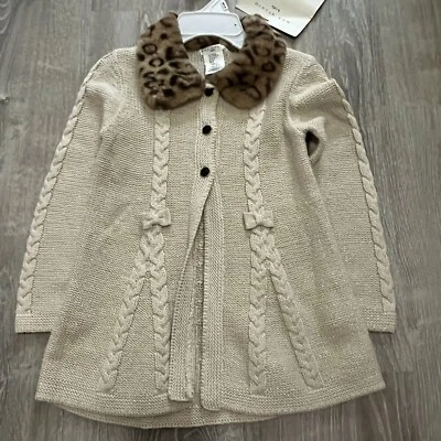Max Studio Kids Girls Sweater Sz S Tan Brown Faux Fur Collar Cardigan New  - Image 1 of 4