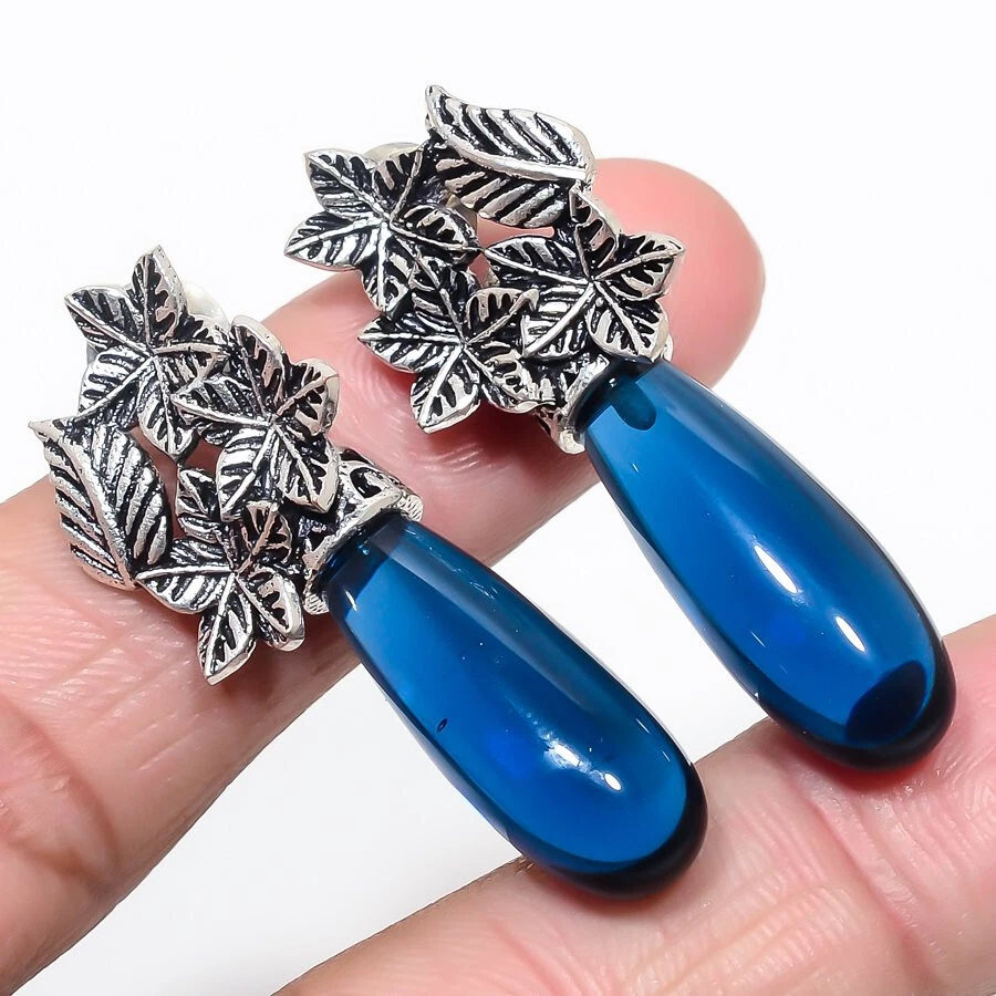 London Blue Quartz Gemstone Silver Plated Stud Earrings Vintage Jewelry - Image 1 of 1