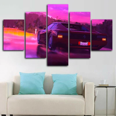 RetroWave Rojo Deportes Neón Coche 5 Paneles Lienzo Impresión Arte de Pared Decoración del Hogar Foto 1 de 4