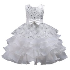 Wedding Flower Girls Bridesmaid Ruffles Lace Cute Bow White Evening Dress Size 4