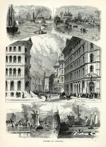 Chicago City and Park Scene, America storica 1874 antica incisione - Foto 1 di 4