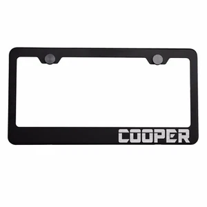 Matte Black License Plate Frame Silver COOPER Laser Etched Metal Screw Cap - Picture 1 of 8