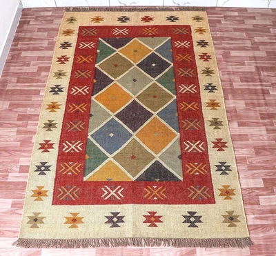 9x12| Boho Area Handmade 5x8 Wool Jute Kilim Rug, Costume Size Wool Kilim Rugs - Image 1 of 4