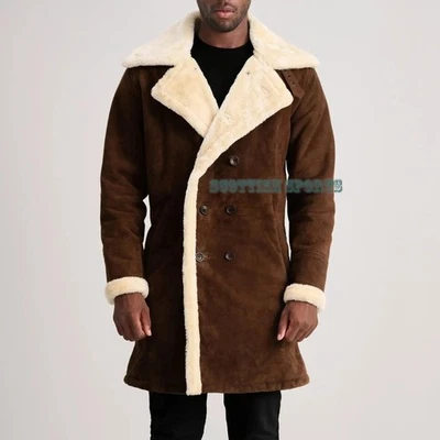 Manteau long homme marron cuir daim véritable peau de chèvre peau de mouton veste hiver - Photo 1/4
