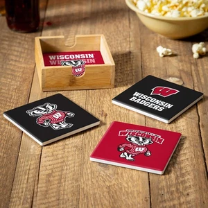 University of Wisconsin-Madison Ceramic Coasters Set, 4pcs with Wood Caddy - Picture 1 of 4