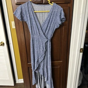Womens Mock Wrap Dress Size Small Floral Flutter Sleeve Blue - Picture 1 of 3