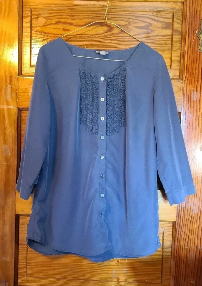 Blusa J JILL Gris Lila Abotonada Volantes Pintuck Manga 3/4 Talla Pequeña Foto 1 de 4