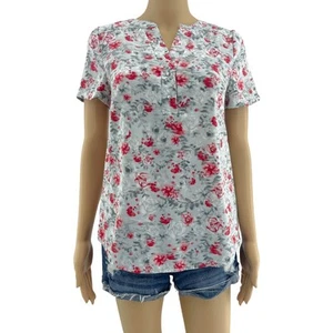 Kensie XS Gray Red Rose Floral Short Sleeve Tee Shirt T-Shirt Womens V Neck - Picture 1 of 5