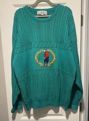 Vintage Pringle Of Scotland Sweater Mens XL Green Cable Knit Embroidered Golf - Image 1 of 4