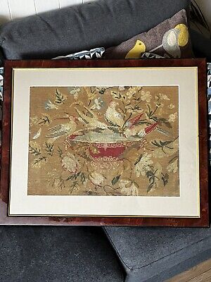 Antique Woolwork Tapestry Chinese? Rare Framed Collectors Birds Bathing Flowers • 59.95£