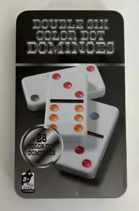 Neu doppelte sechsfarbige gepunktete Dominosteine in Sammlern Blechdose schwarz - Bild 1 von 2