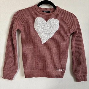 DKNY Kids Sweater Faux Fur Heart Dusty Rose Color With Shimmer Size Small - Picture 1 of 5