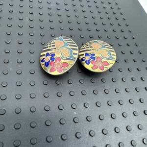 Vintage Enameled Multicolor Cloissone Butterfly Floral Stripe Clip On Earrings - Picture 1 of 6
