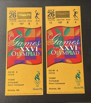 1996 年亚特兰大奥运会排球票根 - Omni Coliseum 7/26/96 - 2 件套 — 第 1/2 张图片
