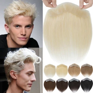 Mens Toupee Frontal Hairline Hairpiece Real Remy Human Hair THIN PU SKIN V-Shape - Picture 1 of 50