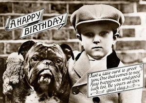 BULLDOGGE CHARMANTER HUND GRÜSSE NOTIZKARTE GEBURTSTAGSGRUSS KLEINER JUNGE UND HUND - Bild 1 von 1