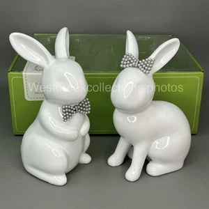 Set of White Bunny Rabbit Figurines Easter Home Decor Faux Gemstone Bows - Picture 1 of 9