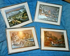 Set of 4 CURRIER AND IVES Vintage Color Foil Etch Prints Train, Farm Winter, Dam - Picture 1 of 12