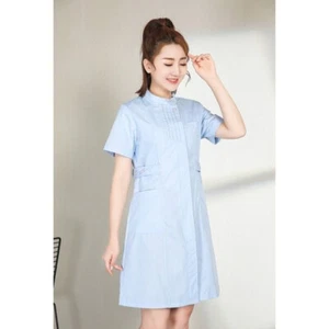 Summer Women Nurse Doctor Beautician Lab Short Sleeve Long Coat Work Clothes - Picture 1 of 9