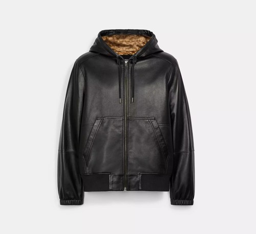 Giacca da ginnastica Coach in pelle di agnello da uomo taglia M nera con cappuccio bomber etichetta $1198 nuova