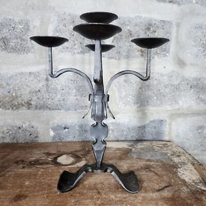 Hand Forged Black Wrought Iron Metal Heavy Candleabra Holder Holds 5 16" tall - Picture 1 of 9