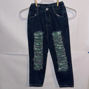 Aqua Sequin Distressed Skinny Leg Jeans Girls Size 2XL (6/7) - Picture 1 of 5